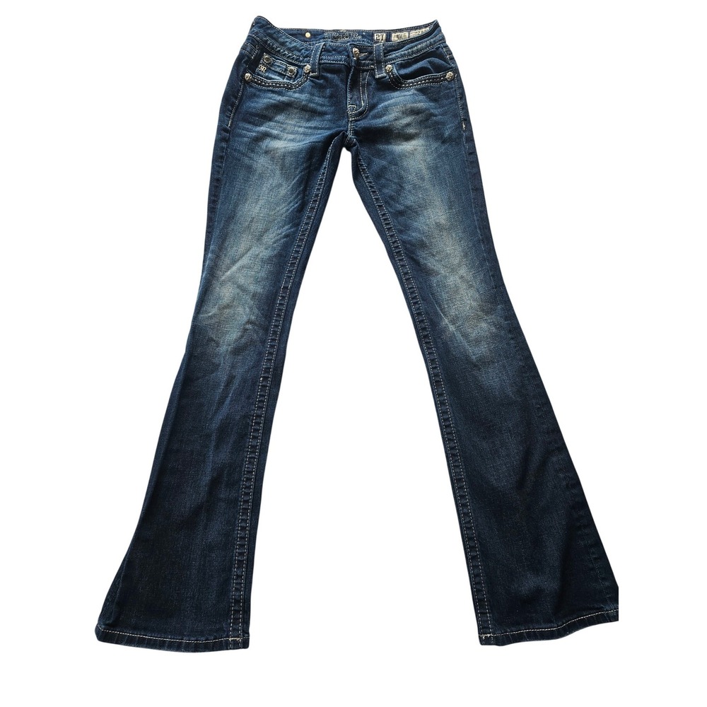 Miss Me Bootcut Jeans 27 Blue Dark Wash Embroidered Cow Print Pocket Y2K Western